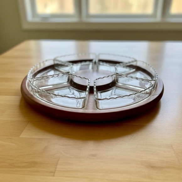 Rare Vintage Mid-Century Walnut Lazy Susan Relish Appetizer Server Tray 6 Dish
